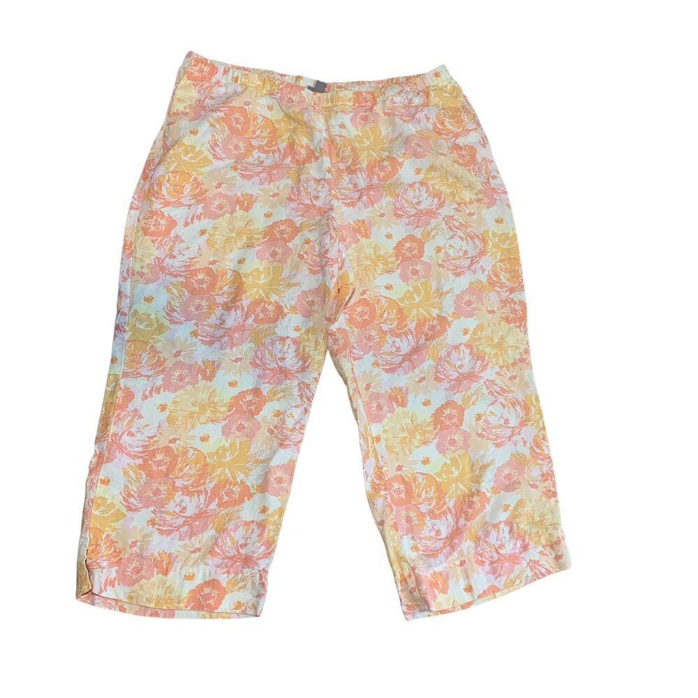 J Jill Yellow Pink Floral Linen Wide Leg Cropped Pants L Pull On Vacation Boho